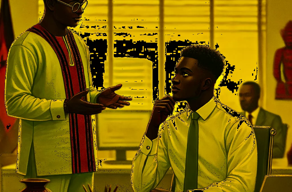 DALL·E 2024 10 04 14.12.31 A workplace setting in Ghana showing a young professional engaged in a thoughtful discussion with a mentor. The scene reflects an office environment